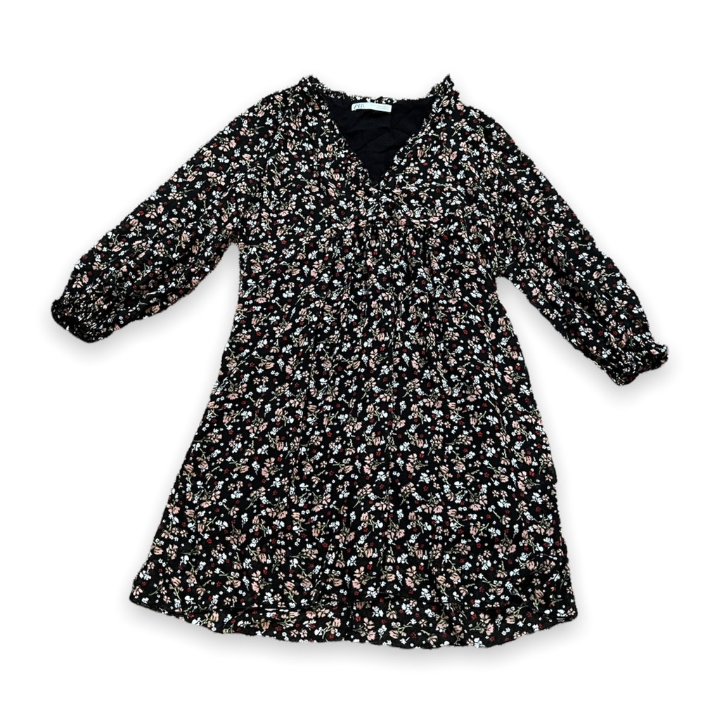 Zara Floral & Black V-Neck Dress XS